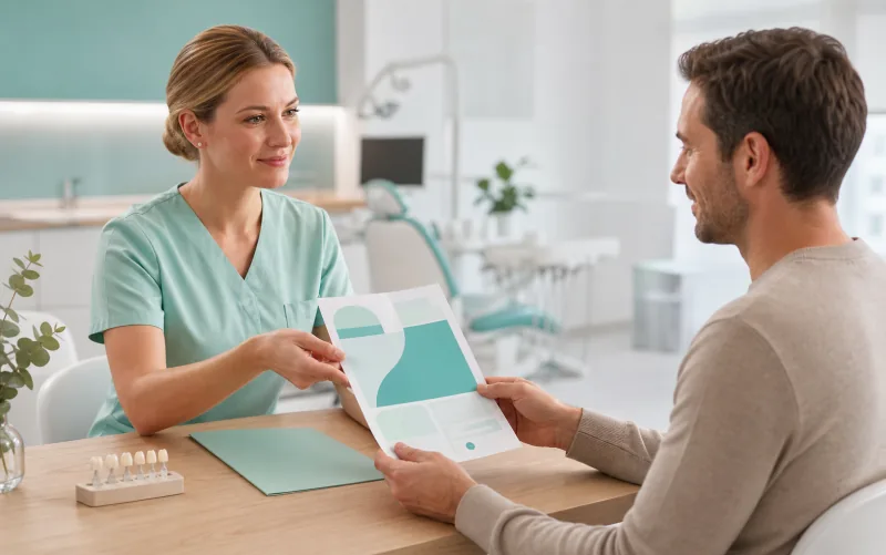 Eine Praxisfachkraft übergibt einem Patienten einen neutral gestalteten Materialreport.